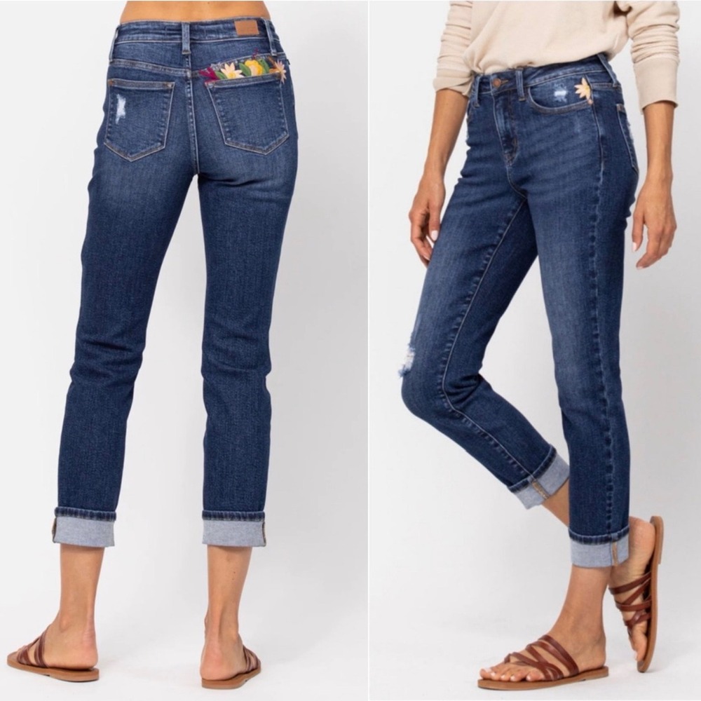 Judy Blue Floral Embroidered High Rise Distressed Boyfriend Fit Jeans Sz 13/31